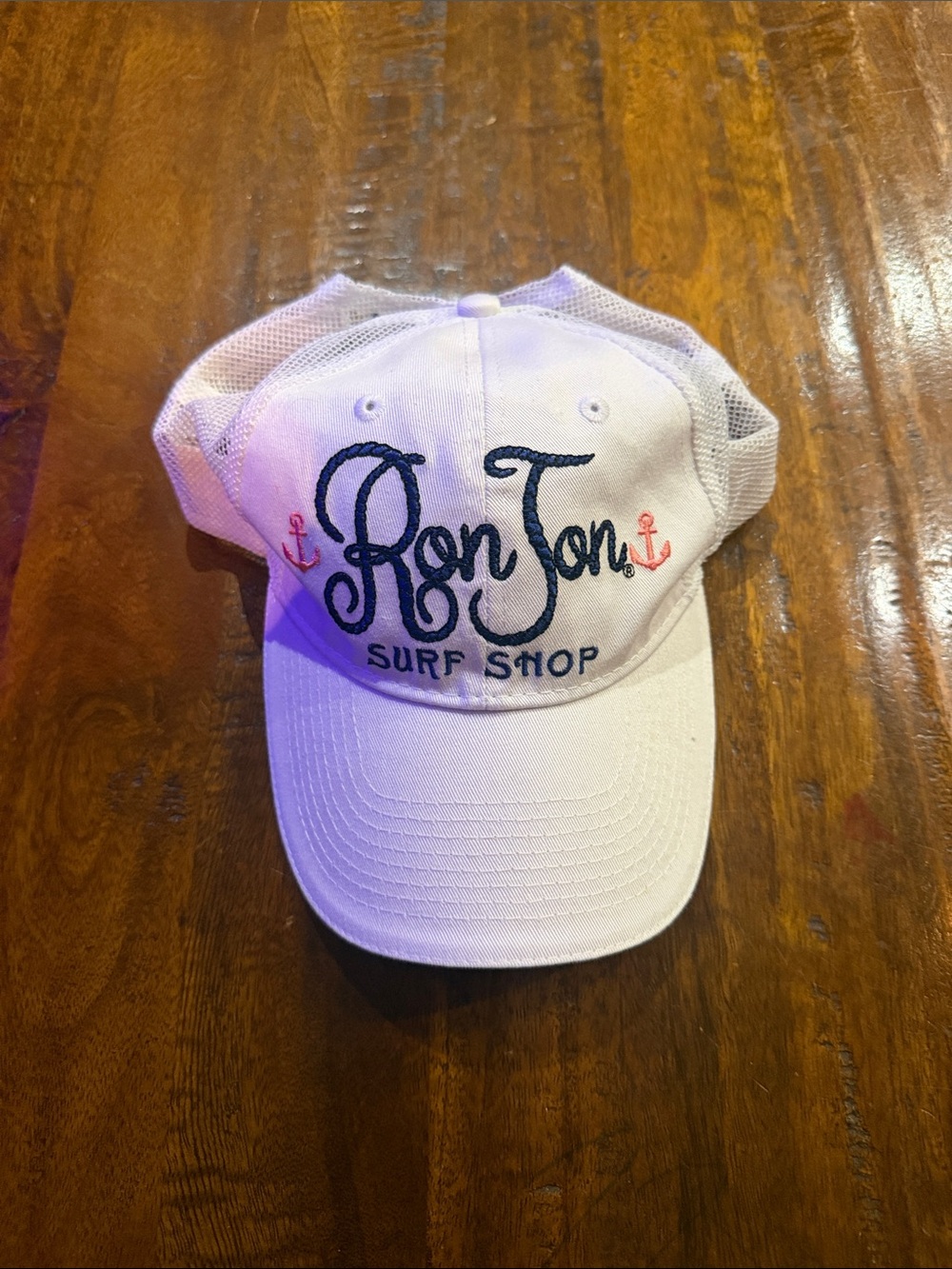 Ron Jon Kids White Mesh Cap with Navy Script and Pink Anchors NWOT